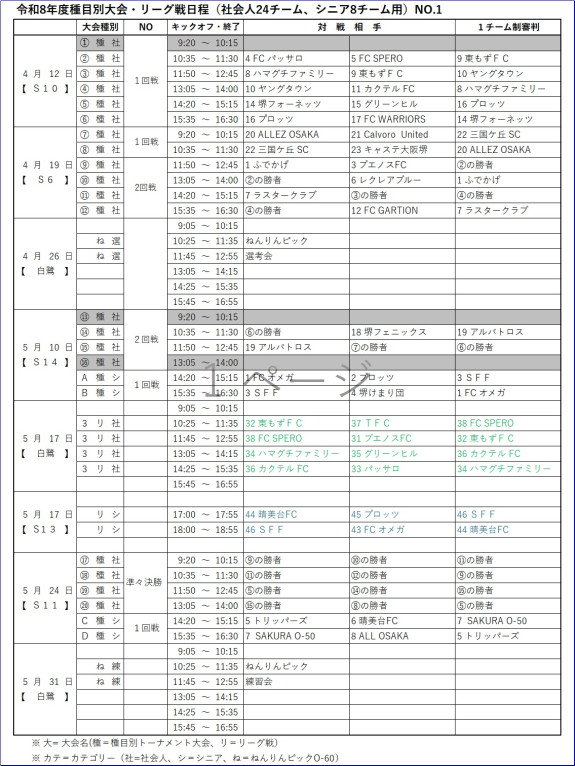 令和8年度種目別大会・リーグ戦日程・リーグ戦日程No1