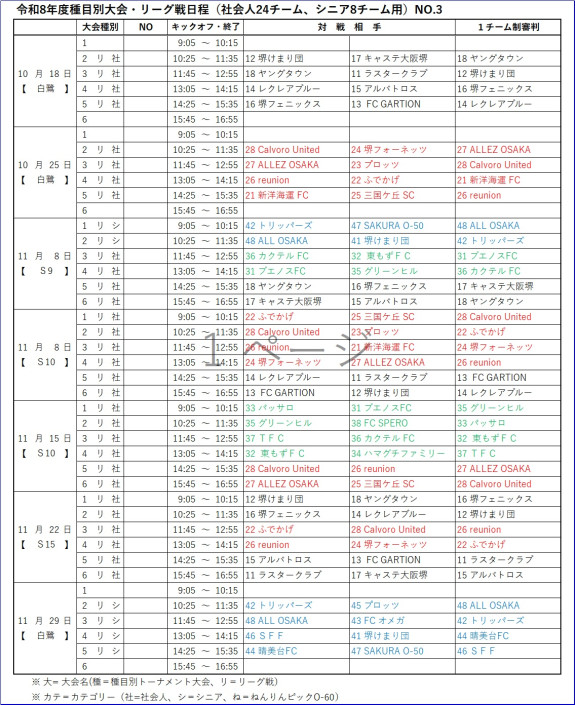令和8年度種目別大会・リーグ戦日程・リーグ戦日程No3